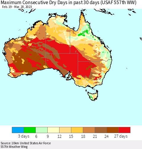 Australia Maximum Consecutive Dry Days in past 30 days (USAF 557th WW) 03/20/2023 Thematic Map For 3/16/2023 - 3/20/2023