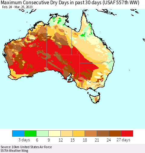 Australia Maximum Consecutive Dry Days in past 30 days (USAF 557th WW) 03/25/2023 Thematic Map For 3/21/2023 - 3/25/2023