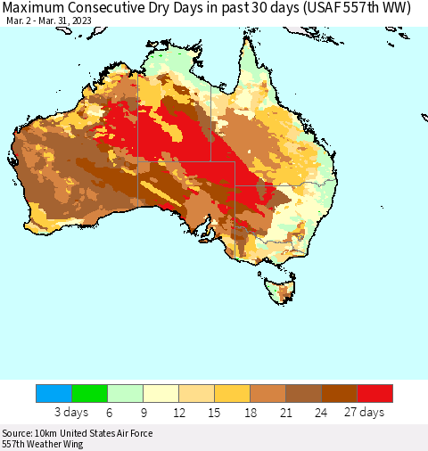 Australia Maximum Consecutive Dry Days in past 30 days (USAF 557th WW) 03/31/2023 Thematic Map For 3/26/2023 - 3/31/2023