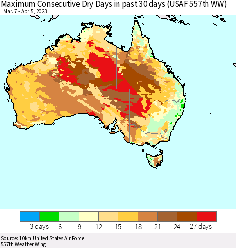 Australia Maximum Consecutive Dry Days in past 30 days (USAF 557th WW) 04/05/2023 Thematic Map For 4/1/2023 - 4/5/2023