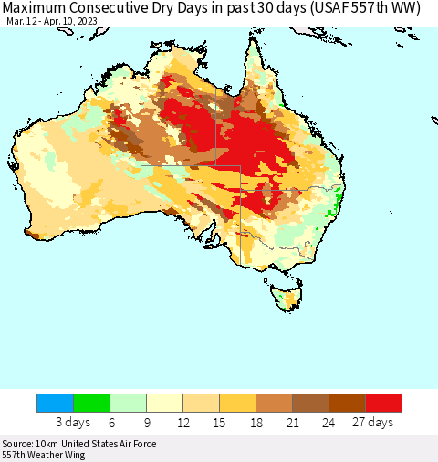 Australia Maximum Consecutive Dry Days in past 30 days (USAF 557th WW) 04/10/2023 Thematic Map For 4/6/2023 - 4/10/2023
