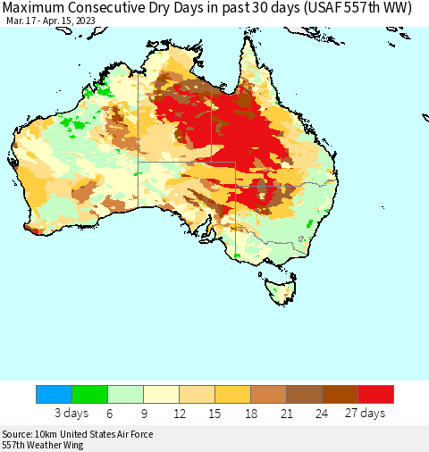 Australia Maximum Consecutive Dry Days in past 30 days (USAF 557th WW) 04/15/2023 Thematic Map For 4/11/2023 - 4/15/2023