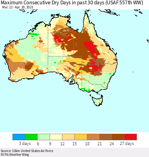 Australia Maximum Consecutive Dry Days in past 30 days (USAF 557th WW) 04/20/2023 Thematic Map For 4/16/2023 - 4/20/2023