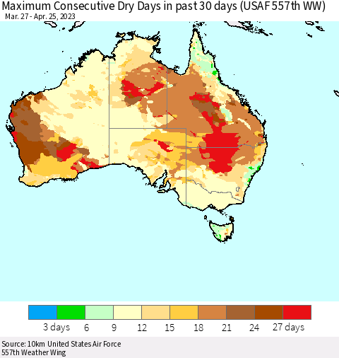 Australia Maximum Consecutive Dry Days in past 30 days (USAF 557th WW) 04/25/2023 Thematic Map For 4/21/2023 - 4/25/2023