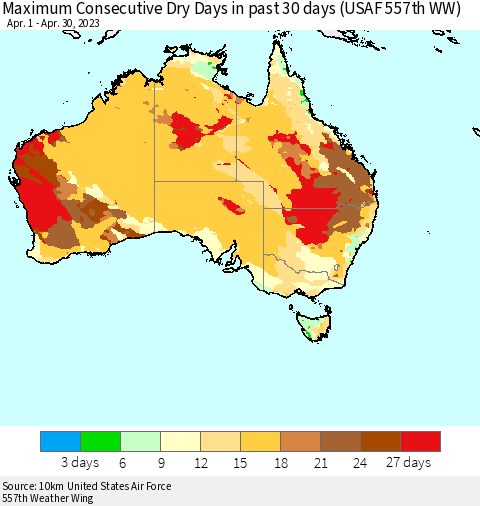 Australia Maximum Consecutive Dry Days in past 30 days (USAF 557th WW) 04/30/2023 Thematic Map For 4/26/2023 - 4/30/2023