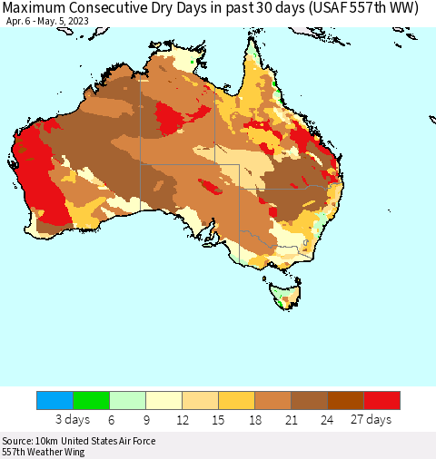 Australia Maximum Consecutive Dry Days in past 30 days (USAF 557th WW) 05/05/2023 Thematic Map For 5/1/2023 - 5/5/2023