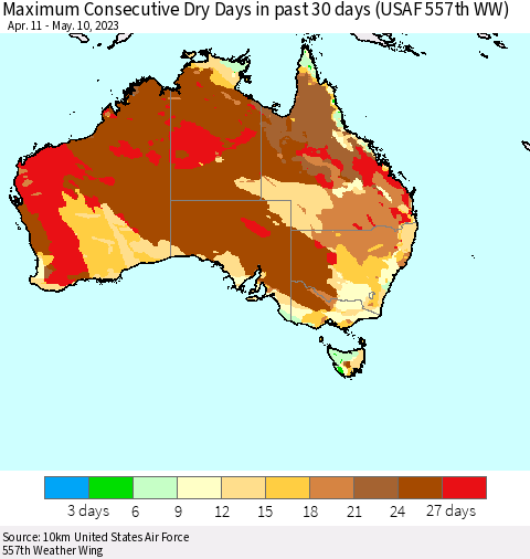 Australia Maximum Consecutive Dry Days in past 30 days (USAF 557th WW) 05/10/2023 Thematic Map For 5/6/2023 - 5/10/2023