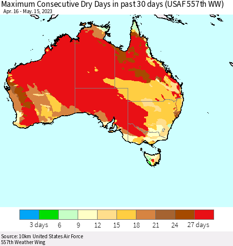 Australia Maximum Consecutive Dry Days in past 30 days (USAF 557th WW) 05/15/2023 Thematic Map For 5/11/2023 - 5/15/2023
