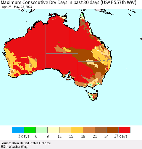 Australia Maximum Consecutive Dry Days in past 30 days (USAF 557th WW) 05/25/2023 Thematic Map For 5/21/2023 - 5/25/2023