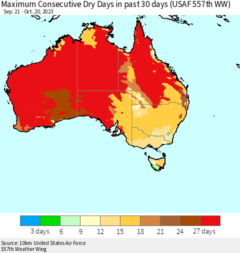 Australia Maximum Consecutive Dry Days in past 30 days (USAF 557th WW) 10/20/2023 Thematic Map For 10/16/2023 - 10/20/2023