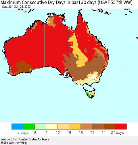 Australia Maximum Consecutive Dry Days in past 30 days (USAF 557th WW) 10/25/2023 Thematic Map For 10/21/2023 - 10/25/2023