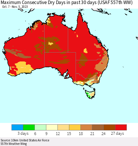 Australia Maximum Consecutive Dry Days in past 30 days (USAF 557th WW) 11/05/2023 Thematic Map For 11/1/2023 - 11/5/2023
