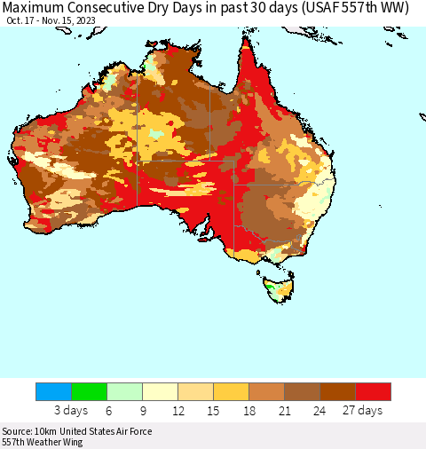Australia Maximum Consecutive Dry Days in past 30 days (USAF 557th WW) 11/15/2023 Thematic Map For 11/11/2023 - 11/15/2023