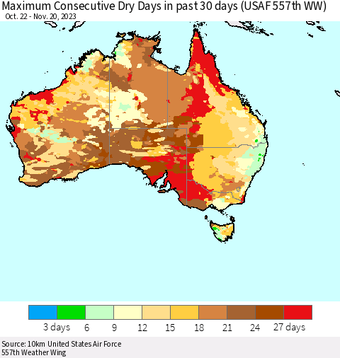 Australia Maximum Consecutive Dry Days in past 30 days (USAF 557th WW) 11/20/2023 Thematic Map For 11/16/2023 - 11/20/2023
