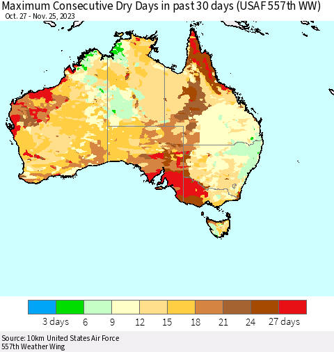 Australia Maximum Consecutive Dry Days in past 30 days (USAF 557th WW) 11/25/2023 Thematic Map For 11/21/2023 - 11/25/2023