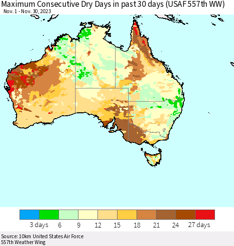 Australia Maximum Consecutive Dry Days in past 30 days (USAF 557th WW) 11/30/2023 Thematic Map For 11/26/2023 - 11/30/2023