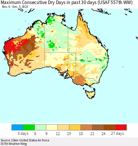 Australia Maximum Consecutive Dry Days in past 30 days (USAF 557th WW) 12/05/2023 Thematic Map For 12/1/2023 - 12/5/2023