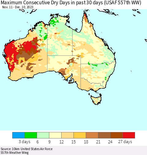 Australia Maximum Consecutive Dry Days in past 30 days (USAF 557th WW) 12/10/2023 Thematic Map For 12/6/2023 - 12/10/2023
