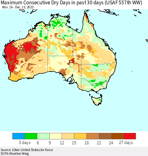 Australia Maximum Consecutive Dry Days in past 30 days (USAF 557th WW) 12/15/2023 Thematic Map For 12/11/2023 - 12/15/2023