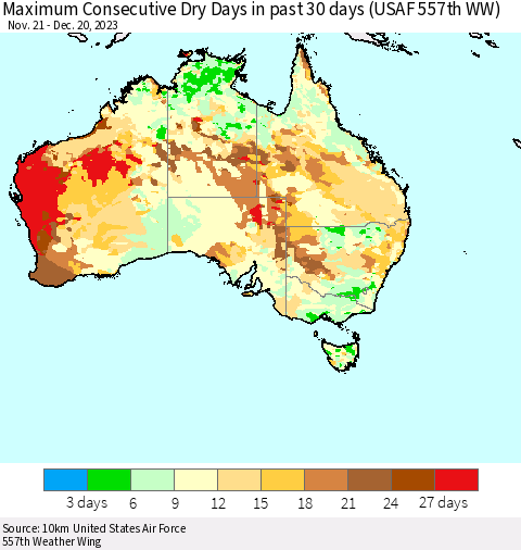Australia Maximum Consecutive Dry Days in past 30 days (USAF 557th WW) 12/20/2023 Thematic Map For 12/16/2023 - 12/20/2023
