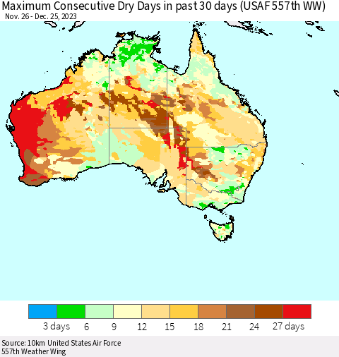 Australia Maximum Consecutive Dry Days in past 30 days (USAF 557th WW) 12/25/2023 Thematic Map For 12/21/2023 - 12/25/2023
