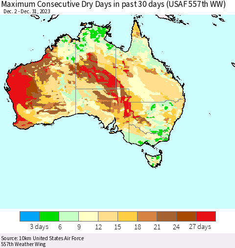 Australia Maximum Consecutive Dry Days in past 30 days (USAF 557th WW) 12/31/2023 Thematic Map For 12/26/2023 - 12/31/2023