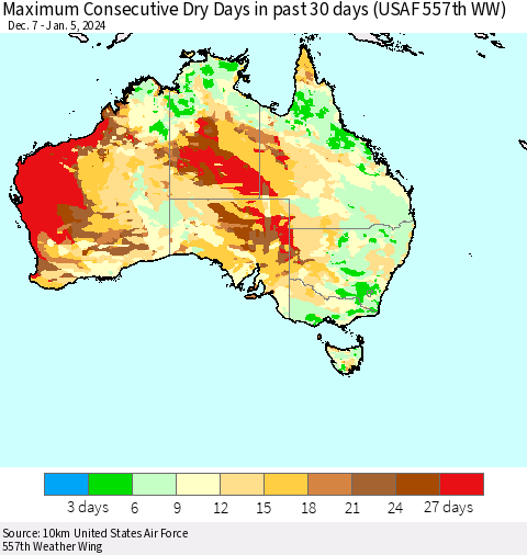 Australia Maximum Consecutive Dry Days in past 30 days (USAF 557th WW) 01/05/2024 Thematic Map For 1/1/2024 - 1/5/2024