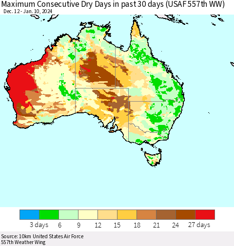 Australia Maximum Consecutive Dry Days in past 30 days (USAF 557th WW) 01/10/2024 Thematic Map For 1/6/2024 - 1/10/2024