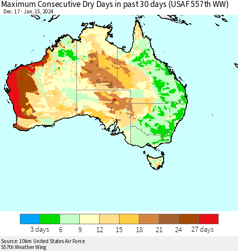 Australia Maximum Consecutive Dry Days in past 30 days (USAF 557th WW) 01/15/2024 Thematic Map For 1/11/2024 - 1/15/2024