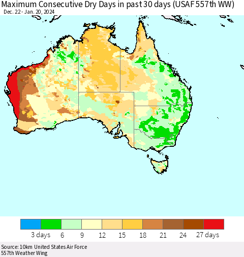 Australia Maximum Consecutive Dry Days in past 30 days (USAF 557th WW) 01/20/2024 Thematic Map For 1/16/2024 - 1/20/2024