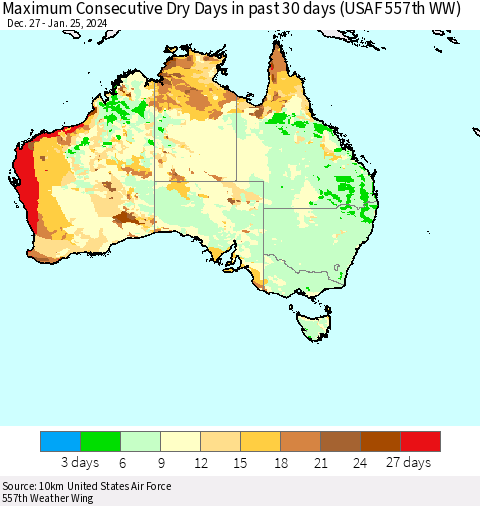 Australia Maximum Consecutive Dry Days in past 30 days (USAF 557th WW) 01/25/2024 Thematic Map For 1/21/2024 - 1/25/2024