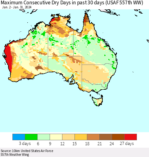 Australia Maximum Consecutive Dry Days in past 30 days (USAF 557th WW) 01/31/2024 Thematic Map For 1/26/2024 - 1/31/2024