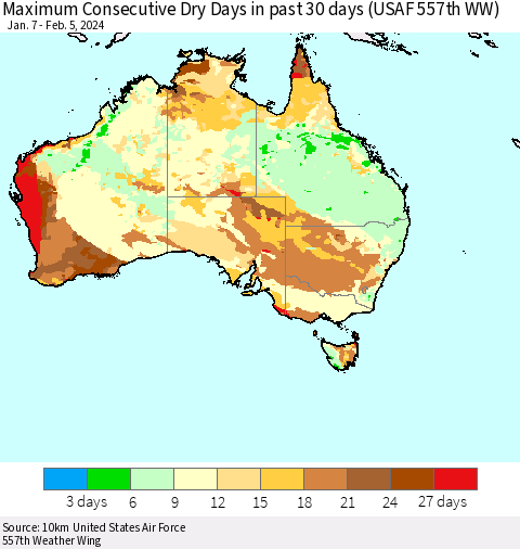 Australia Maximum Consecutive Dry Days in past 30 days (USAF 557th WW) 02/05/2024 Thematic Map For 2/1/2024 - 2/5/2024