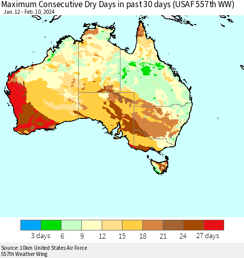 Australia Maximum Consecutive Dry Days in past 30 days (USAF 557th WW) 02/10/2024 Thematic Map For 2/6/2024 - 2/10/2024