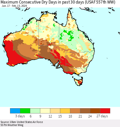 Australia Maximum Consecutive Dry Days in past 30 days (USAF 557th WW) 02/15/2024 Thematic Map For 2/11/2024 - 2/15/2024