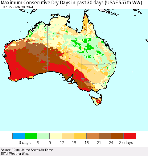 Australia Maximum Consecutive Dry Days in past 30 days (USAF 557th WW) 02/20/2024 Thematic Map For 2/16/2024 - 2/20/2024
