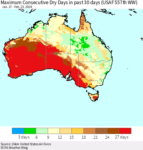 Australia Maximum Consecutive Dry Days in past 30 days (USAF 557th WW) 02/25/2024 Thematic Map For 2/21/2024 - 2/25/2024