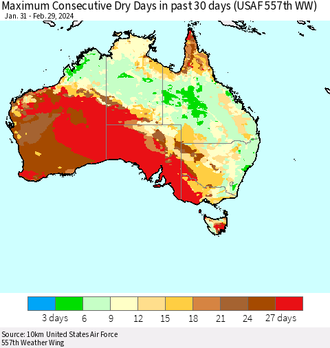 Australia Maximum Consecutive Dry Days in past 30 days (USAF 557th WW) 02/29/2024 Thematic Map For 2/26/2024 - 2/29/2024
