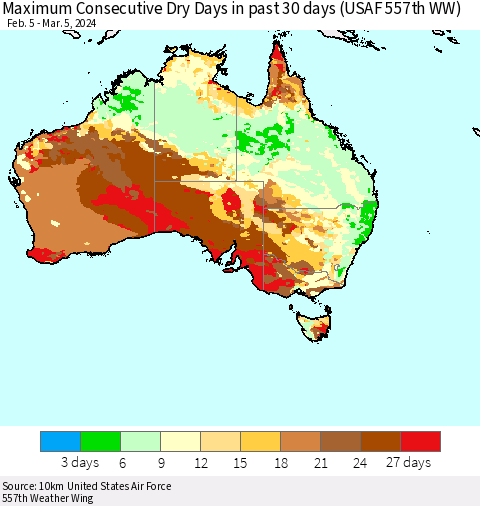 Australia Maximum Consecutive Dry Days in past 30 days (USAF 557th WW) 03/05/2024 Thematic Map For 3/1/2024 - 3/5/2024