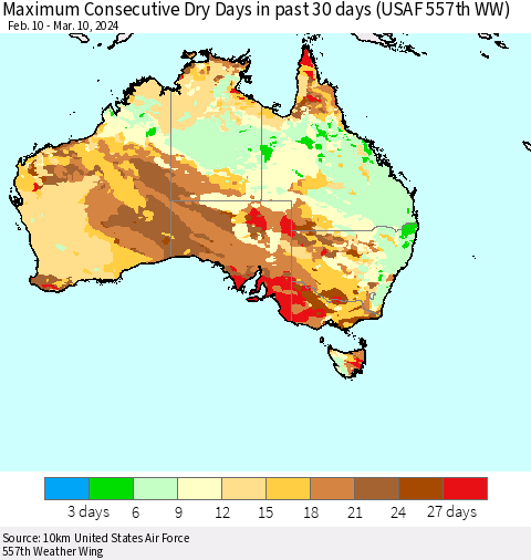 Australia Maximum Consecutive Dry Days in past 30 days (USAF 557th WW) 03/10/2024 Thematic Map For 3/6/2024 - 3/10/2024