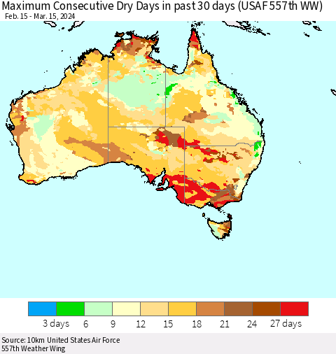 Australia Maximum Consecutive Dry Days in past 30 days (USAF 557th WW) 03/15/2024 Thematic Map For 3/11/2024 - 3/15/2024