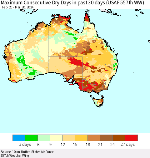 Australia Maximum Consecutive Dry Days in past 30 days (USAF 557th WW) 03/20/2024 Thematic Map For 3/16/2024 - 3/20/2024