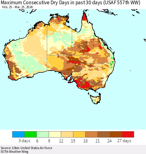 Australia Maximum Consecutive Dry Days in past 30 days (USAF 557th WW) 03/25/2024 Thematic Map For 3/21/2024 - 3/25/2024