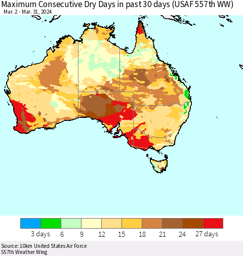 Australia Maximum Consecutive Dry Days in past 30 days (USAF 557th WW) 03/31/2024 Thematic Map For 3/26/2024 - 3/31/2024