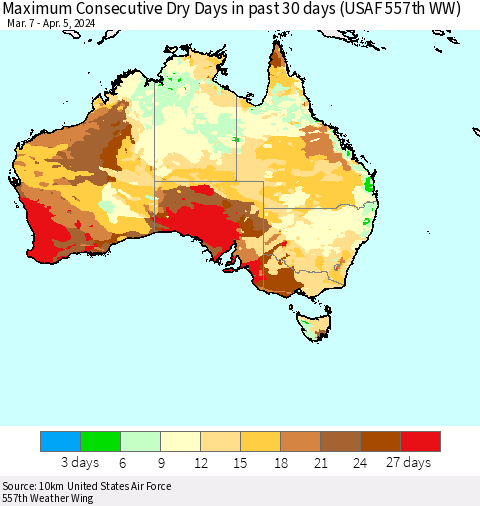 Australia Maximum Consecutive Dry Days in past 30 days (USAF 557th WW) 04/05/2024 Thematic Map For 4/1/2024 - 4/5/2024
