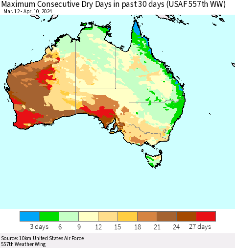 Australia Maximum Consecutive Dry Days in past 30 days (USAF 557th WW) 04/10/2024 Thematic Map For 4/6/2024 - 4/10/2024