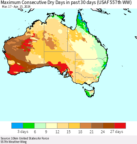 Australia Maximum Consecutive Dry Days in past 30 days (USAF 557th WW) 04/15/2024 Thematic Map For 4/11/2024 - 4/15/2024