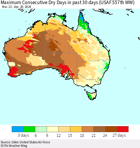 Australia Maximum Consecutive Dry Days in past 30 days (USAF 557th WW) 04/20/2024 Thematic Map For 4/16/2024 - 4/20/2024