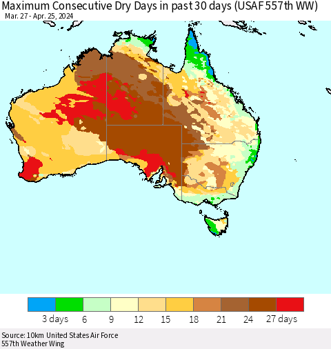 Australia Maximum Consecutive Dry Days in past 30 days (USAF 557th WW) 04/25/2024 Thematic Map For 4/21/2024 - 4/25/2024