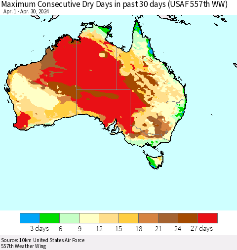 Australia Maximum Consecutive Dry Days in past 30 days (USAF 557th WW) 04/30/2024 Thematic Map For 4/26/2024 - 4/30/2024